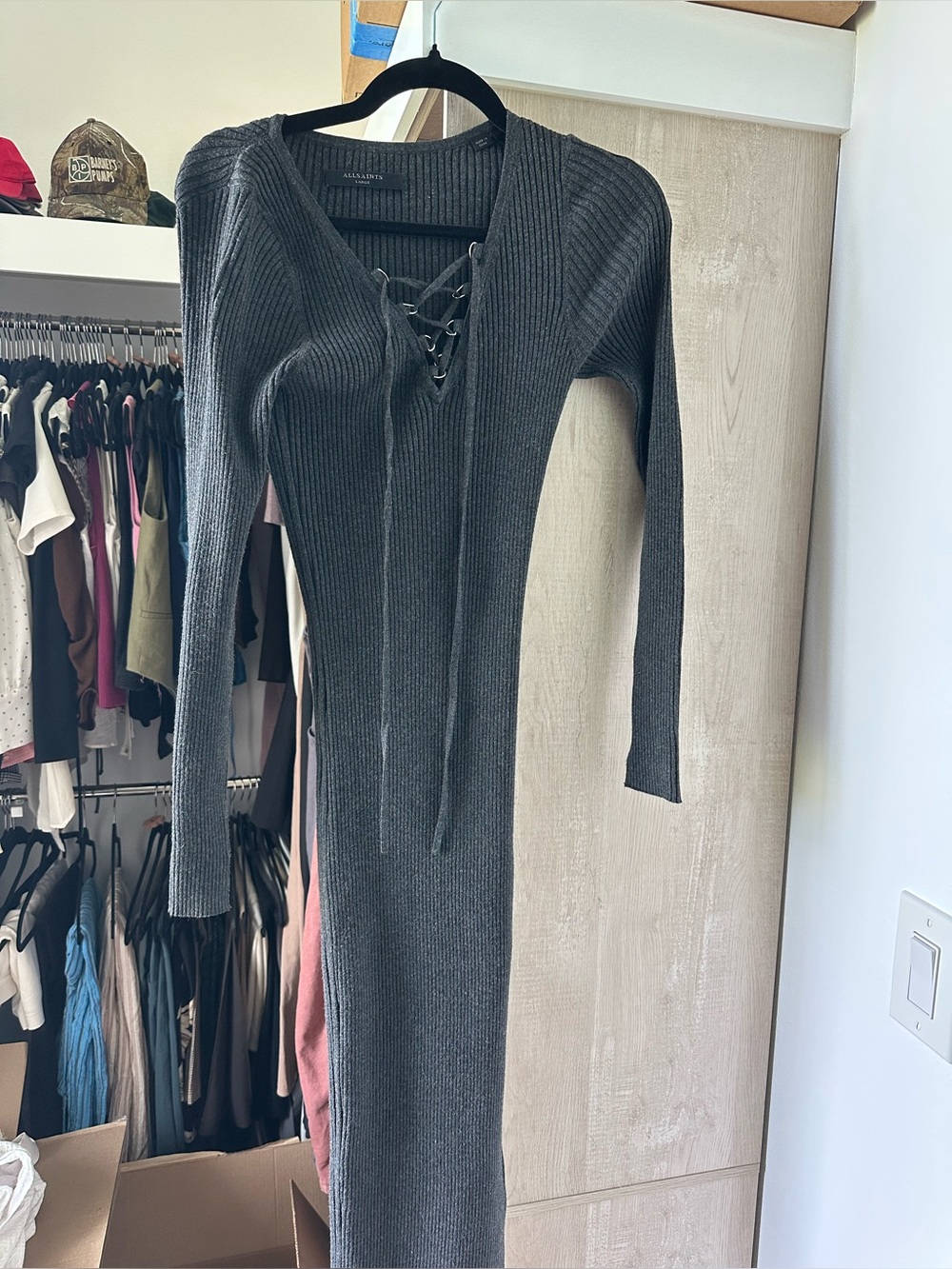 All Saints Ribbed Lace-Up V-Neck Long Sleeve Dress - Charcoal Gray